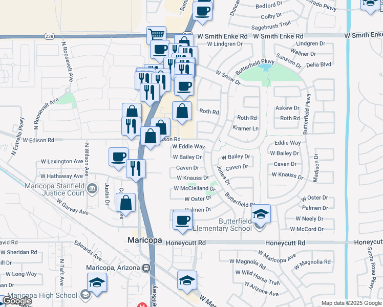 map of restaurants, bars, coffee shops, grocery stores, and more near 44337 Eddie Drive in Maricopa
