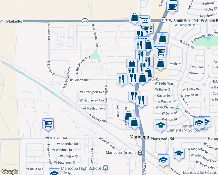 map of restaurants, bars, coffee shops, grocery stores, and more near West Edison Road in Maricopa