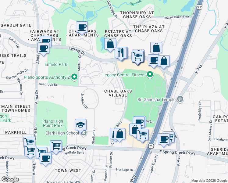 map of restaurants, bars, coffee shops, grocery stores, and more near 6647 Rutherford Road in Plano