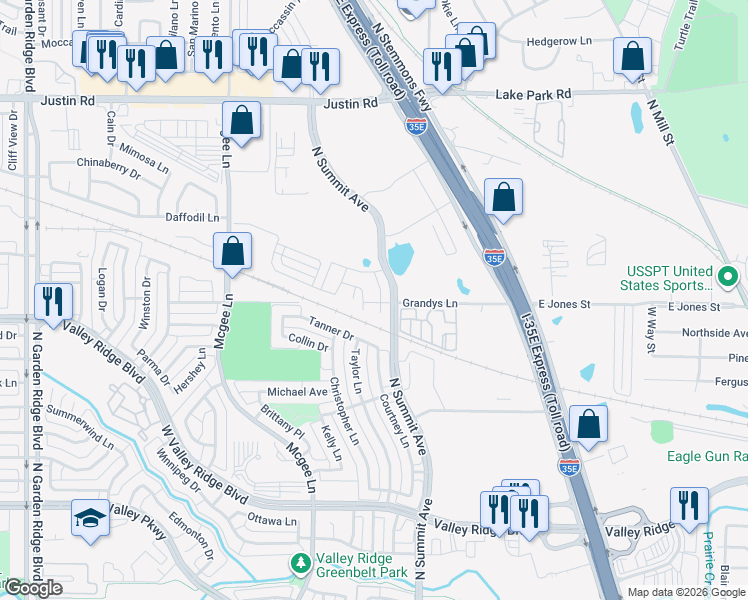 map of restaurants, bars, coffee shops, grocery stores, and more near 1114 Rusk Way in Lewisville