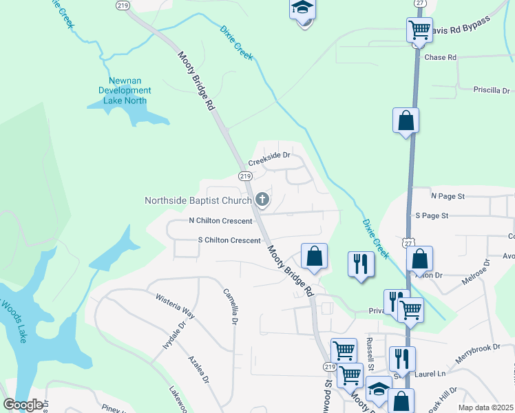 map of restaurants, bars, coffee shops, grocery stores, and more near 1301 Mooty Bridge Road in LaGrange