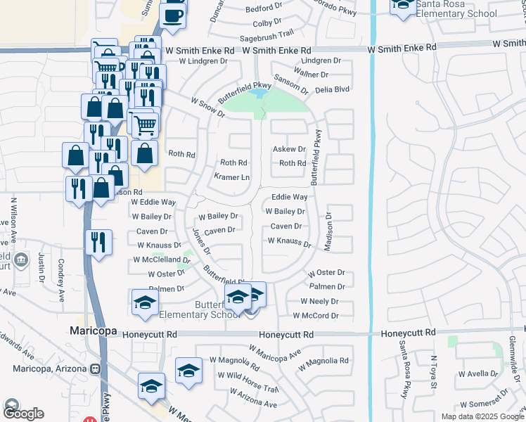 map of restaurants, bars, coffee shops, grocery stores, and more near 43698 Bailey Drive in Maricopa