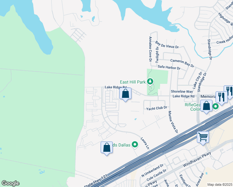 map of restaurants, bars, coffee shops, grocery stores, and more near 2550 Lake Ridge Road in Lewisville