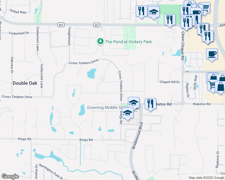 map of restaurants, bars, coffee shops, grocery stores, and more near 247 Valley View Trail in Lewisville