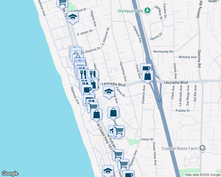 map of restaurants, bars, coffee shops, grocery stores, and more near 818 Hygeia Avenue in Encinitas