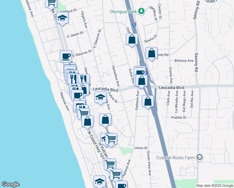 map of restaurants, bars, coffee shops, grocery stores, and more near 858 Hymettus Avenue in Encinitas