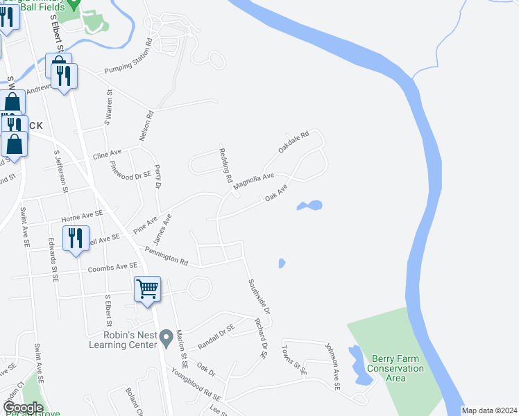map of restaurants, bars, coffee shops, grocery stores, and more near 125 Oak Avenue in Milledgeville