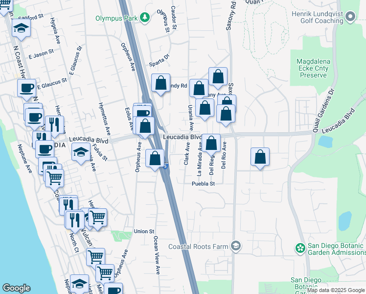map of restaurants, bars, coffee shops, grocery stores, and more near 849 Clark Avenue in Encinitas