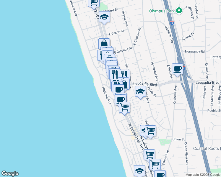 map of restaurants, bars, coffee shops, grocery stores, and more near in Encinitas