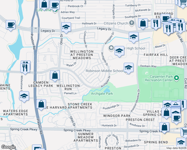 map of restaurants, bars, coffee shops, grocery stores, and more near 6728 Alcove Lane in Plano