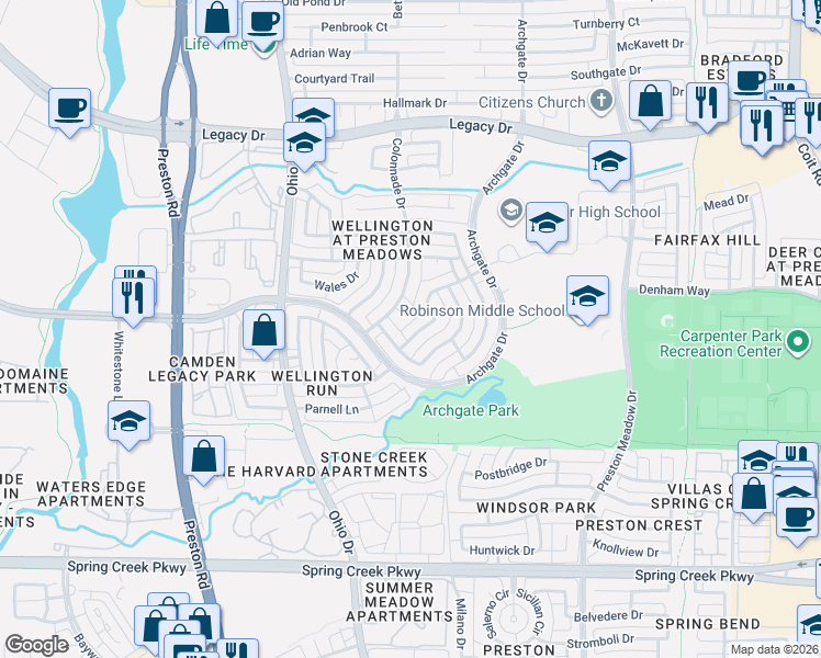 map of restaurants, bars, coffee shops, grocery stores, and more near 4604 Anson Court in Plano