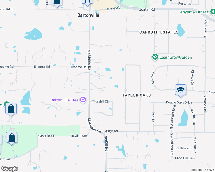 map of restaurants, bars, coffee shops, grocery stores, and more near 250 McMakin Road in Lewisville