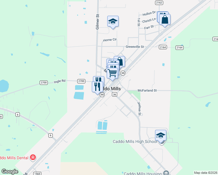 map of restaurants, bars, coffee shops, grocery stores, and more near 2258 Texas 66 in Caddo Mills