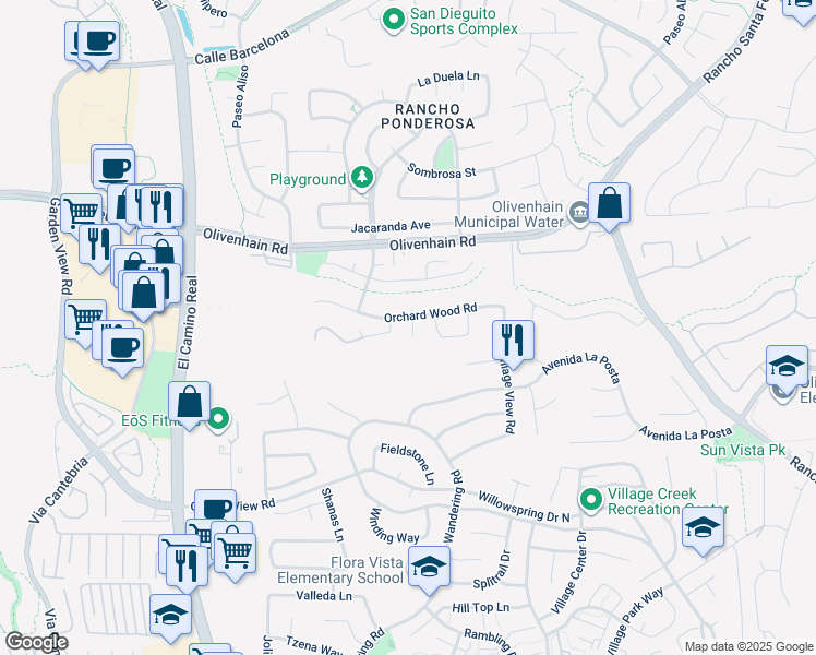 map of restaurants, bars, coffee shops, grocery stores, and more near 1252 Green Orchard Place in Encinitas