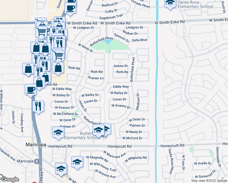 map of restaurants, bars, coffee shops, grocery stores, and more near 43640 West Bailey Drive in Maricopa