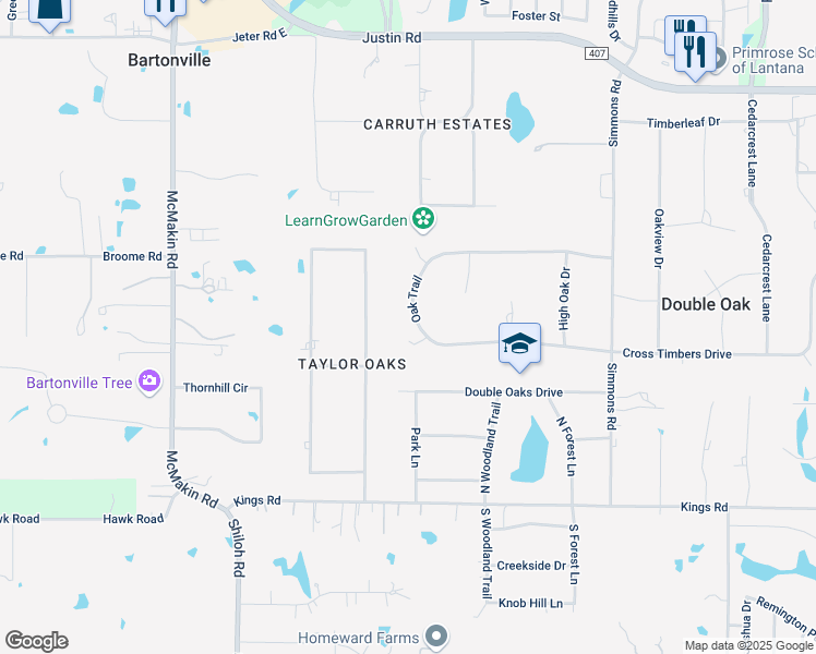 map of restaurants, bars, coffee shops, grocery stores, and more near 105 Meadow Oak Court in Lewisville