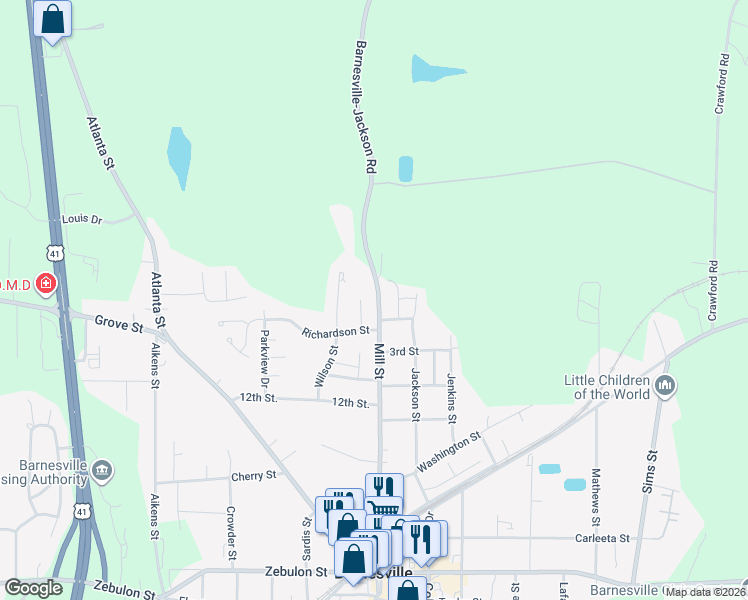 map of restaurants, bars, coffee shops, grocery stores, and more near 256 Mill Street in Barnesville