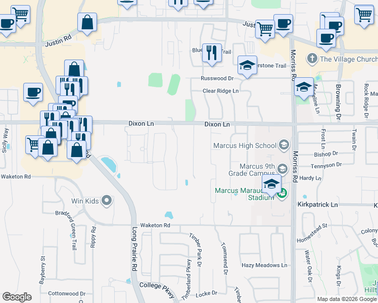 map of restaurants, bars, coffee shops, grocery stores, and more near 5851 Windridge Lane in Flower Mound