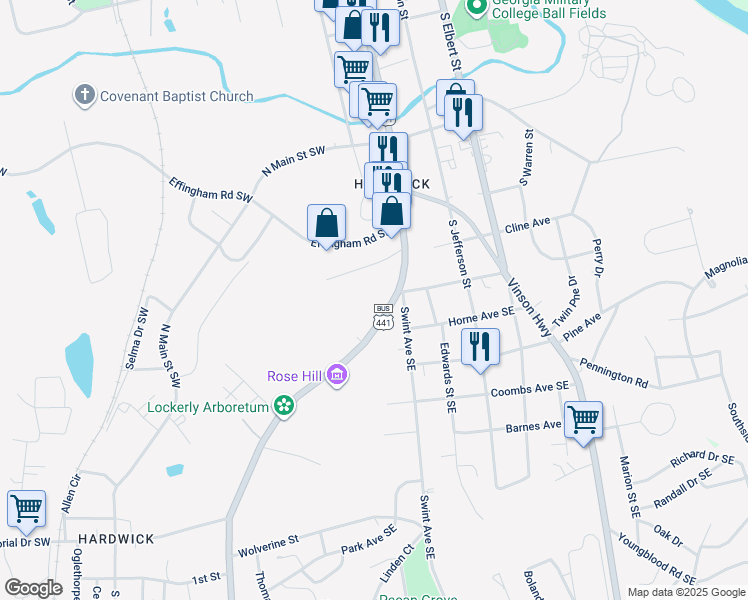 map of restaurants, bars, coffee shops, grocery stores, and more near 1250 Irwinton Road in Milledgeville
