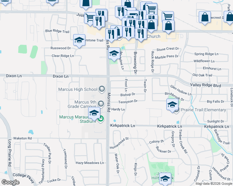 map of restaurants, bars, coffee shops, grocery stores, and more near 2120 Bishop Drive in Flower Mound