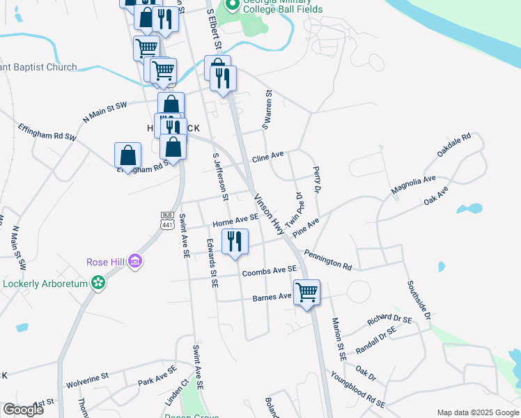 map of restaurants, bars, coffee shops, grocery stores, and more near 1327 Vinson Highway in Milledgeville