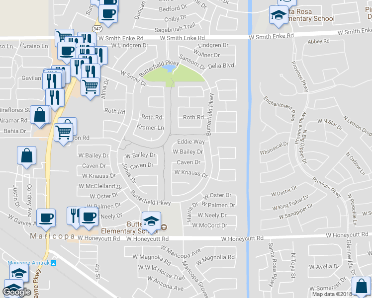 map of restaurants, bars, coffee shops, grocery stores, and more near 43590 West Bailey Drive in Maricopa