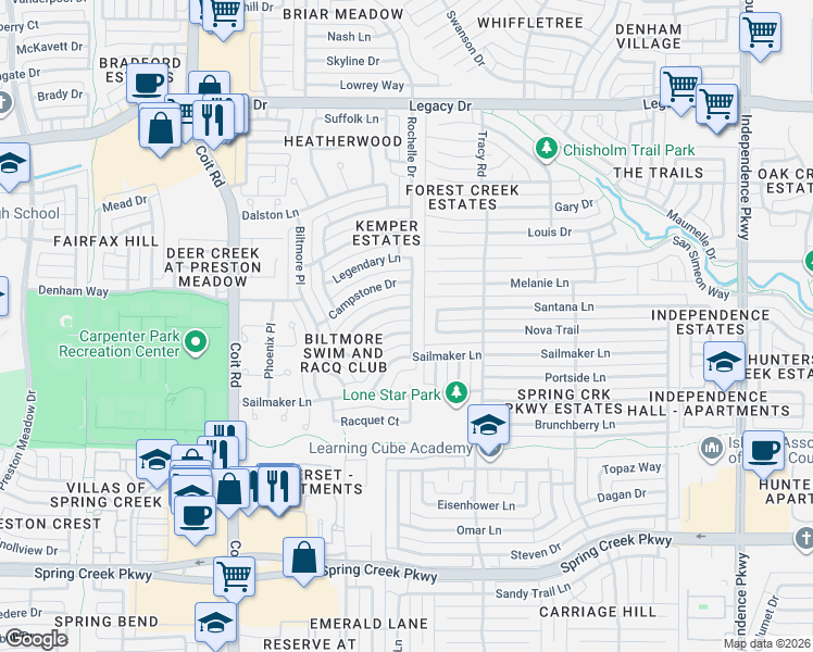 map of restaurants, bars, coffee shops, grocery stores, and more near 3601 Worthington Way in Plano
