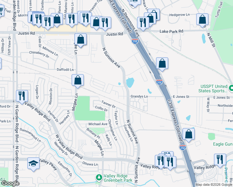 map of restaurants, bars, coffee shops, grocery stores, and more near 1114 Rusk Way in Lewisville