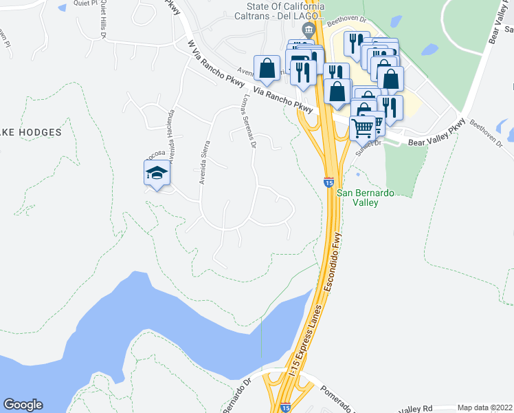 map of restaurants, bars, coffee shops, grocery stores, and more near 3526 Lomas Serenas Drive in Escondido