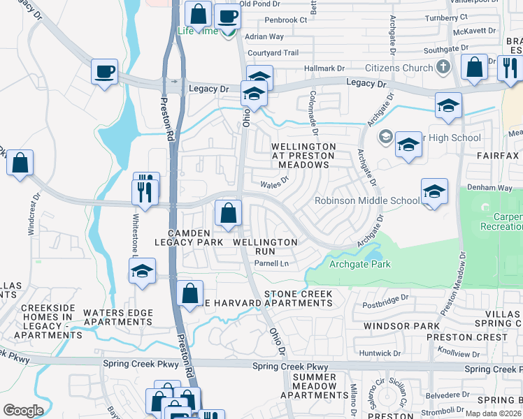 map of restaurants, bars, coffee shops, grocery stores, and more near 6725 Candlecreek Lane in Plano