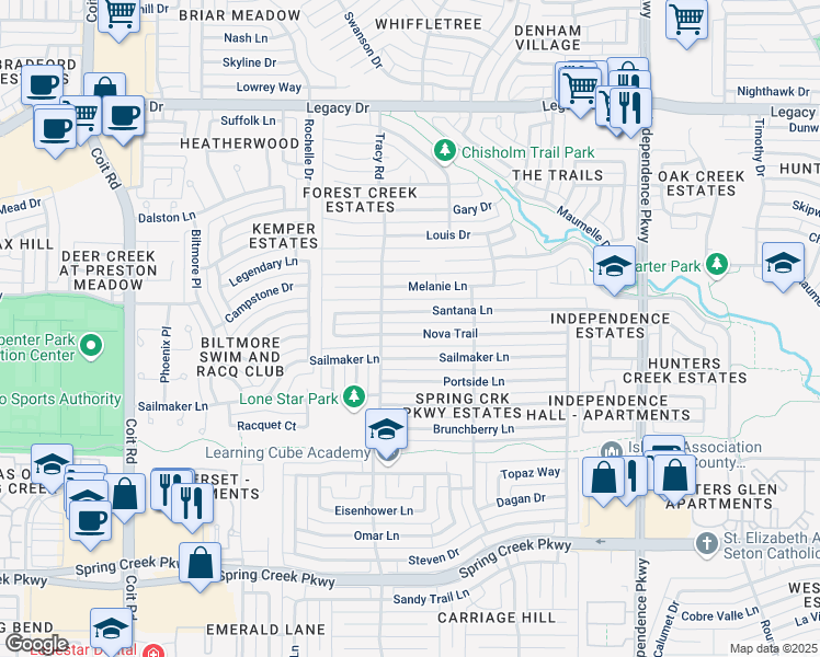 map of restaurants, bars, coffee shops, grocery stores, and more near 3409 Nova Trail in Plano