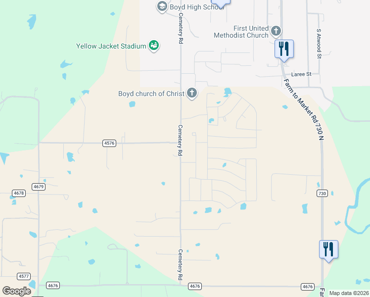 map of restaurants, bars, coffee shops, grocery stores, and more near 503 Cemetery Road in Boyd
