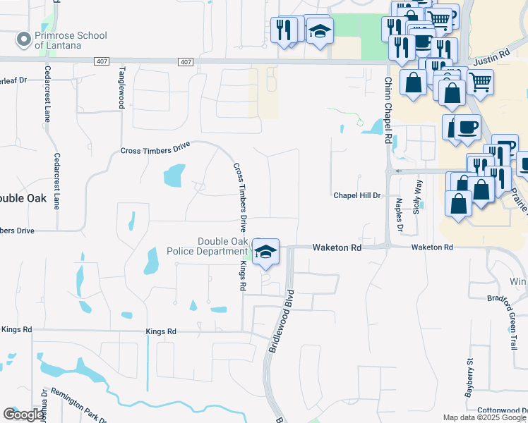map of restaurants, bars, coffee shops, grocery stores, and more near 311 Valley View Trail in Double Oak