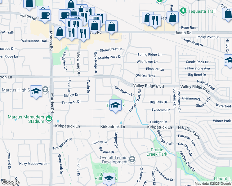 map of restaurants, bars, coffee shops, grocery stores, and more near 1616 Birchbrook Drive in Flower Mound