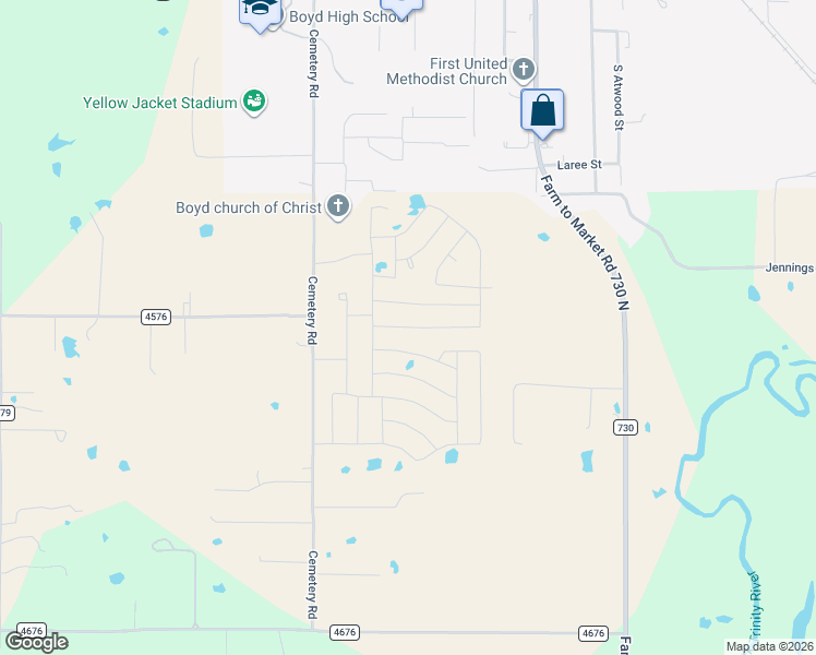 map of restaurants, bars, coffee shops, grocery stores, and more near Running River Drive in Boyd