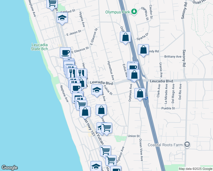 map of restaurants, bars, coffee shops, grocery stores, and more near 2 3rd Street in Encinitas