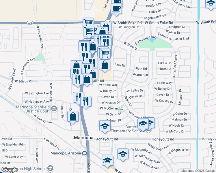 map of restaurants, bars, coffee shops, grocery stores, and more near 44337 Eddie Drive in Maricopa