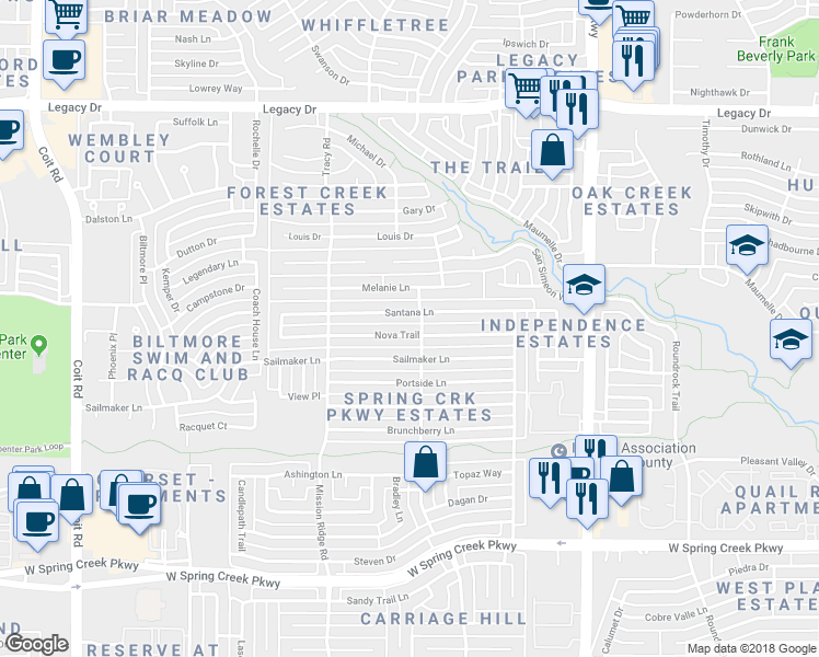 map of restaurants, bars, coffee shops, grocery stores, and more near 3305 Nova Trail in Plano