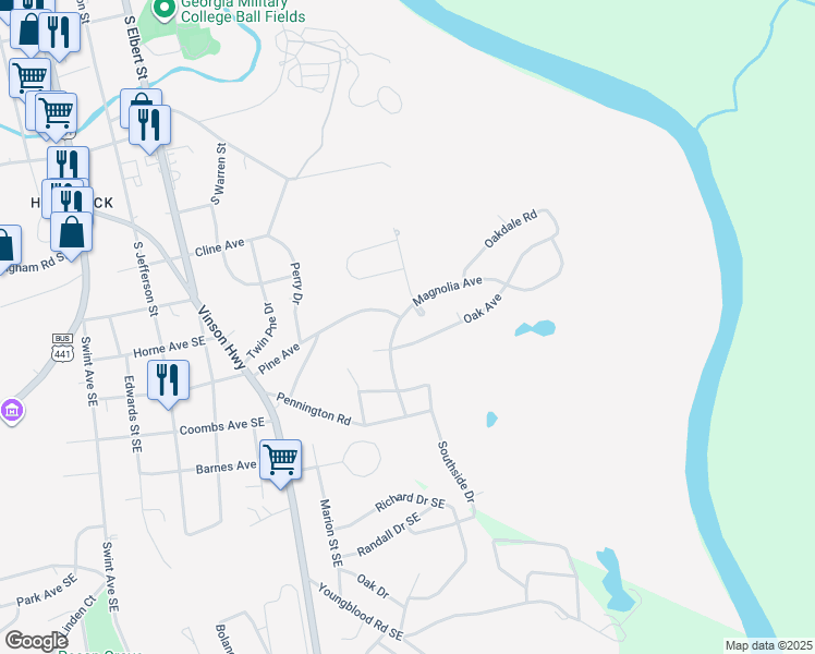 map of restaurants, bars, coffee shops, grocery stores, and more near 171 Magnolia Avenue in Milledgeville