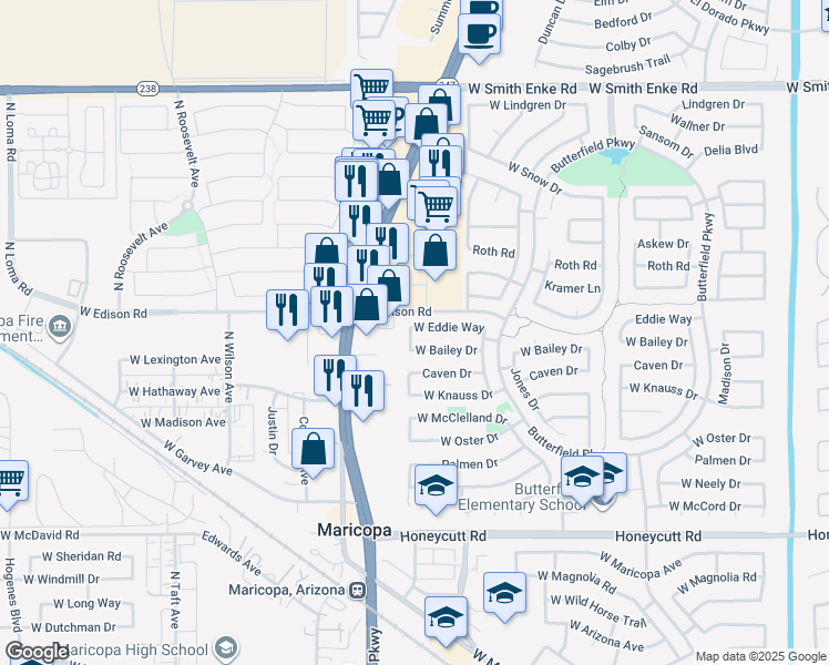 map of restaurants, bars, coffee shops, grocery stores, and more near 44455 Eddie Drive in Maricopa