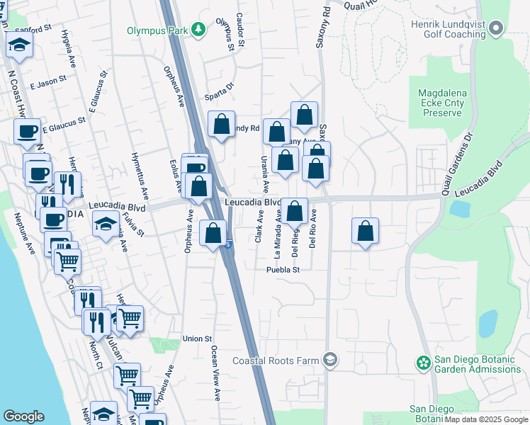 map of restaurants, bars, coffee shops, grocery stores, and more near 849 Clark Avenue in Encinitas