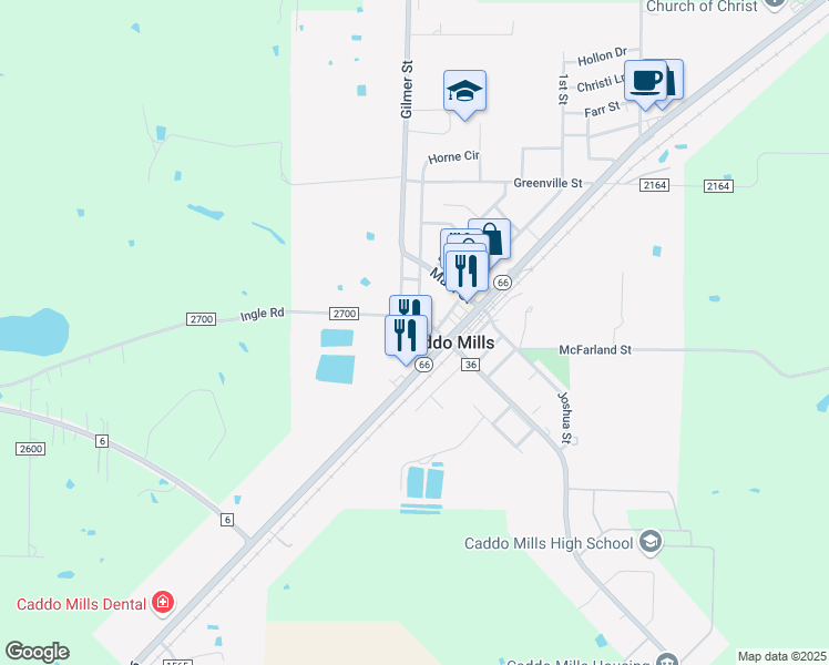 map of restaurants, bars, coffee shops, grocery stores, and more near 2305 Gilmer Street in Caddo Mills
