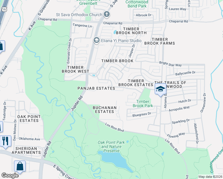 map of restaurants, bars, coffee shops, grocery stores, and more near 6645 Conecuh Drive in Plano