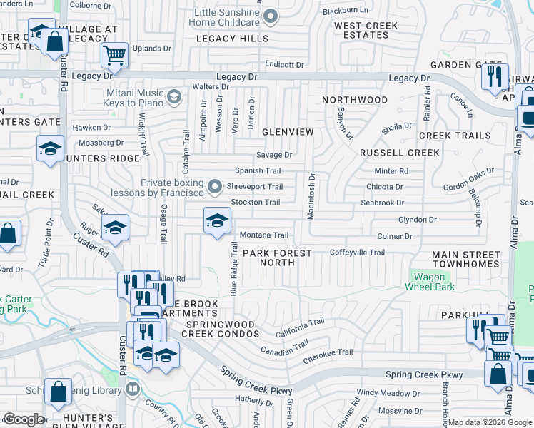 map of restaurants, bars, coffee shops, grocery stores, and more near 1629 Cumberland Trail in Plano