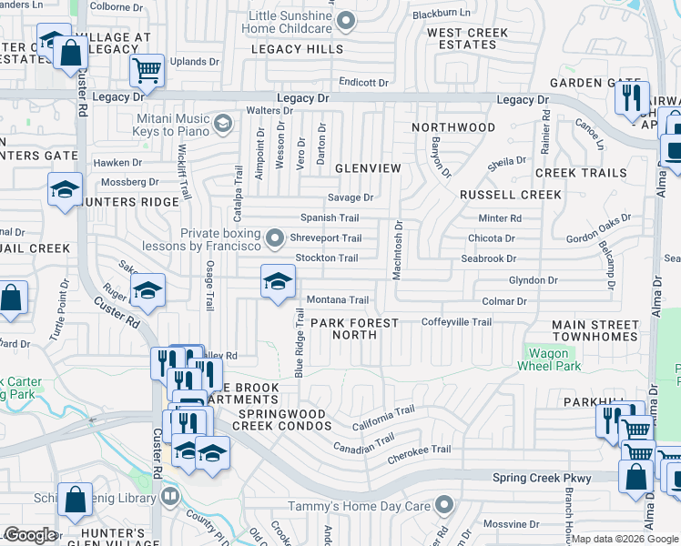 map of restaurants, bars, coffee shops, grocery stores, and more near 1629 Cumberland Trail in Plano