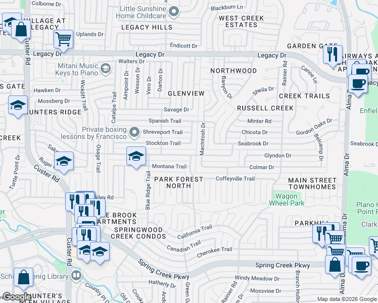 map of restaurants, bars, coffee shops, grocery stores, and more near 1601 Cumberland Trail in Plano