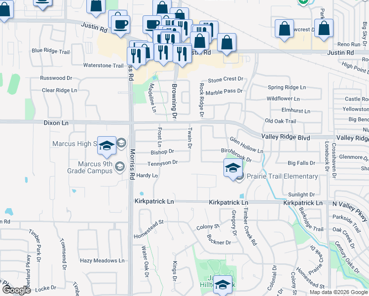 map of restaurants, bars, coffee shops, grocery stores, and more near 1912 Bishop Drive in Flower Mound