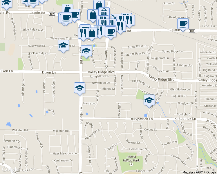 map of restaurants, bars, coffee shops, grocery stores, and more near 1912 Bishop Drive in Flower Mound