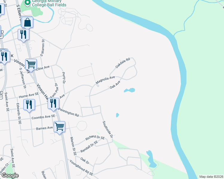 map of restaurants, bars, coffee shops, grocery stores, and more near 141 Oak Avenue in Milledgeville