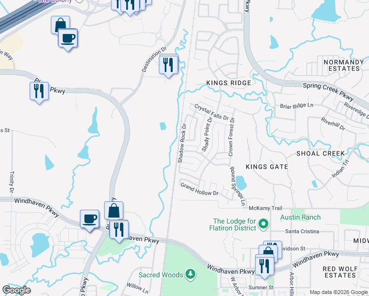 map of restaurants, bars, coffee shops, grocery stores, and more near 7109 Whisperfield Drive in Plano